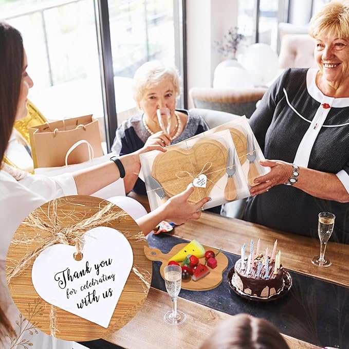 Nuogo 16 Set Wedding Bridal Shower Cheese Board Party Favors Wooden Mini Charcuterie Boards and Knives Set with Thank You Tags Bamboo Board Gifts for Guests Valentine Bridal Birthday Party(Heart)
