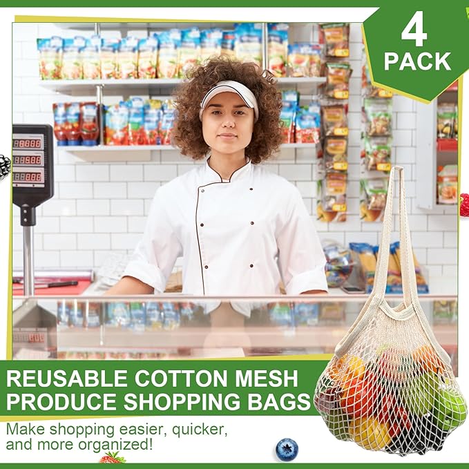 Paterr 4 Pack Cotton Mesh Produce Bags Bulk Reusable Market Bag Washable Net Grocery Purse String Shopping Tote Beach Organizer for Vegetable Fruit Picnic Food Storage (Long Handle,Beige)
