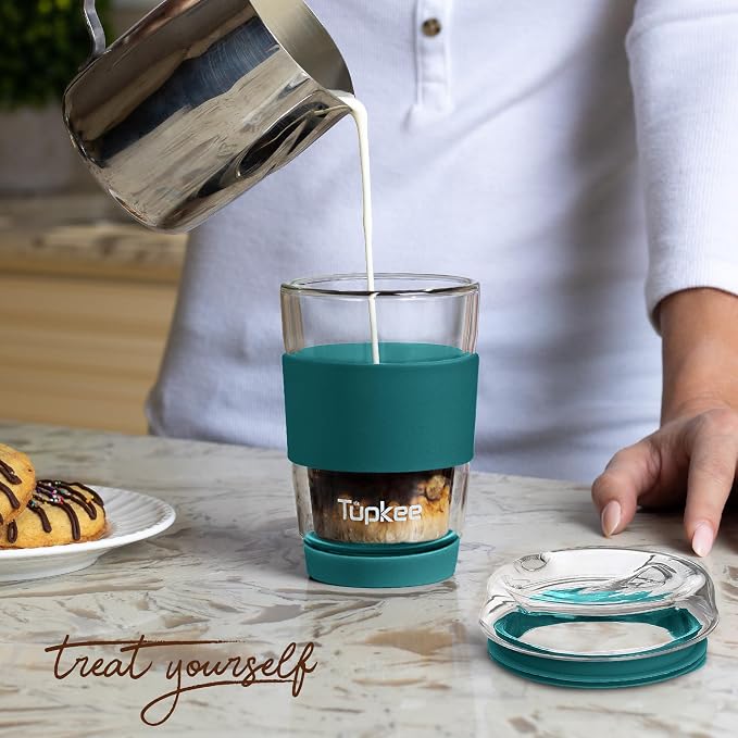 Double Wall Glass Tumbler - 8-Ounce, All Glass Reusable Insulated Tea/Coffee Mug & Lid, Hand Blown Glass Travel Mug - Cyan