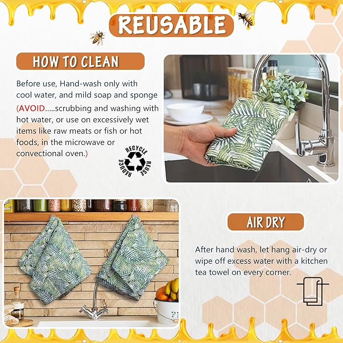 Sourdough Bread Bag – Reusable Beeswax Bread Storage Bags 2.0 (2 Sizes), Cotton-Layered, Breathable Bread Storage, Plastic-Free Kitchen Storage – Palm Leaves