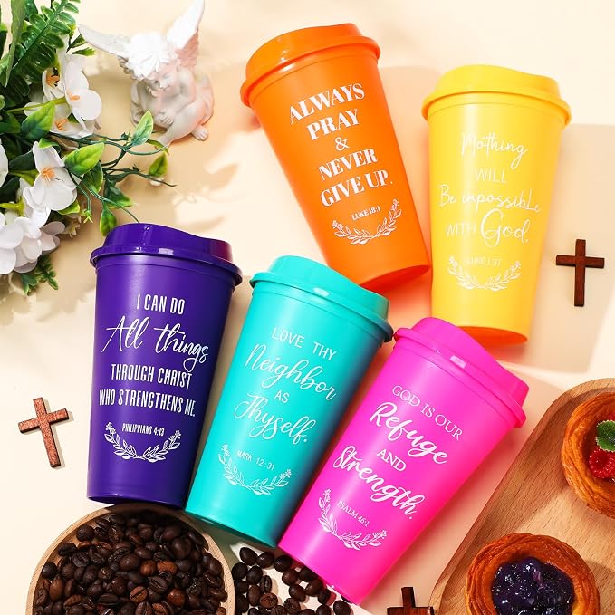 Skylety 60 Pack Bulk Christian Gifts for Men Women 16oz Reusable Bible Verse Tumbler Plastic Coffee Cup with Lid Inspirational Religious Church Gift for Teacher Graduation Party Favor (Rainbow Color)