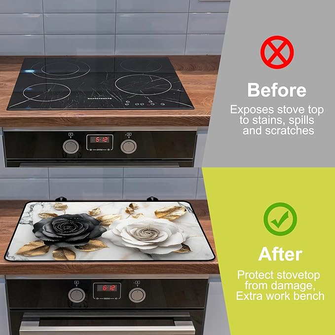 Glass stove top cover 28"x 20", Stove Top Covers for Electric Stove, Flat Range Mat for Glass Cooktop, Kitchen Heat-Resistant Protector Non-Slip Drying Mat (Black and White Roses)