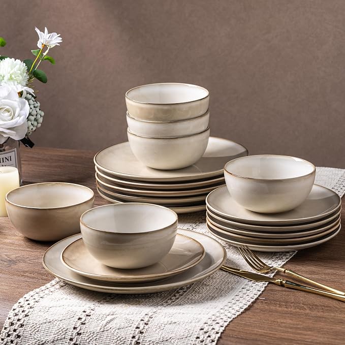 AmorArc Ceramic Dinnerware Sets for 4, 12 Pieces Handpainted Stoneware Plates and Bowls Set, Scratch Resistant Dishes Set, Dishwasher & Microwave Safe, Cappuccino