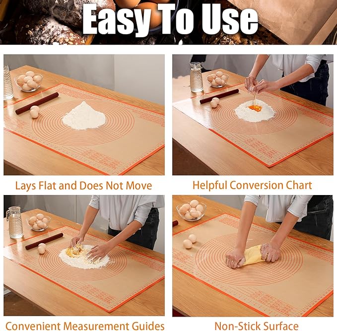 Silicone Pastry Mat 34x26 Inch Nonstick Baking Mat -Perfect for Doug, Pastry, Dough Rolling, Kneading Board, Pie Crust, Fondant, Pasta/Pizza, Kitchen Counter Mat