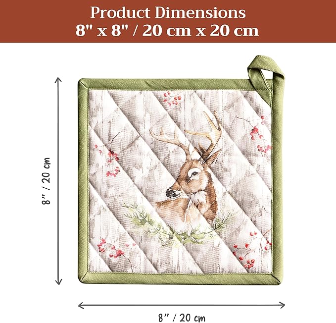 Maison d' Hermine Pot Holders Set 100% Cotton Heat Resistant Potholders 8" x 8" Hot Pads with Loop for Thanksgiving Christmas Decorations BBQ Baking Handling Hot Pans (Pack of 2, Mountain Life)