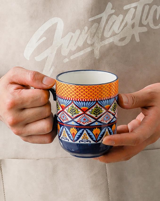 HENXFEN LEAD Boho Ceramic Coffee Mugs Set of 6, 14 oz Colorful Cups for Tea, Latte & Hot Chocolate – Microwave & Dishwasher Safe