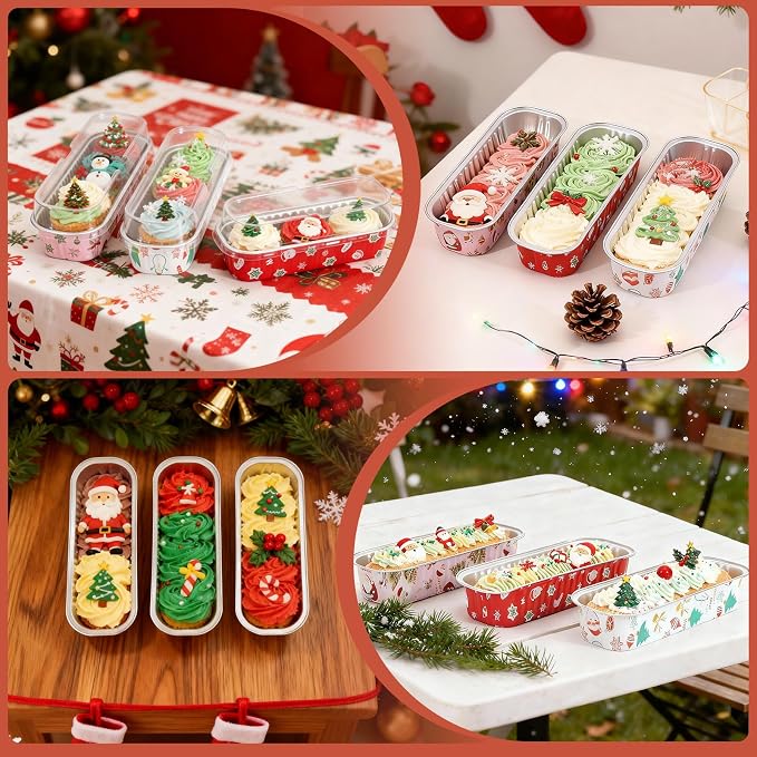 50Pack Mixcolor Christmas Mini Cake Pans with Lids and Spoons Mini Loaf Pans with Lids, 6.8Oz Aluminum Foil Pans Tins, Individual Dessert Cups Containers for Sales,Party,Picnics