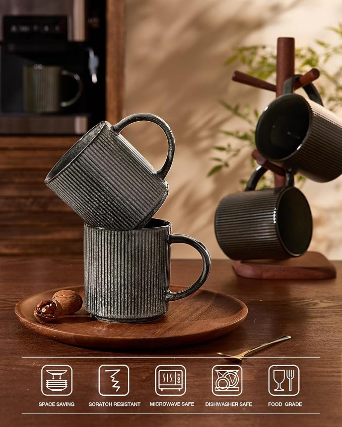 famiware Coffee Mug Set for 4, Star 16 oz Catering Mugs Cup Set with Handle for Coffee, Tea, Cocoa, Milk - Ceramic Stoneware Drinkware Set, Deep Forest