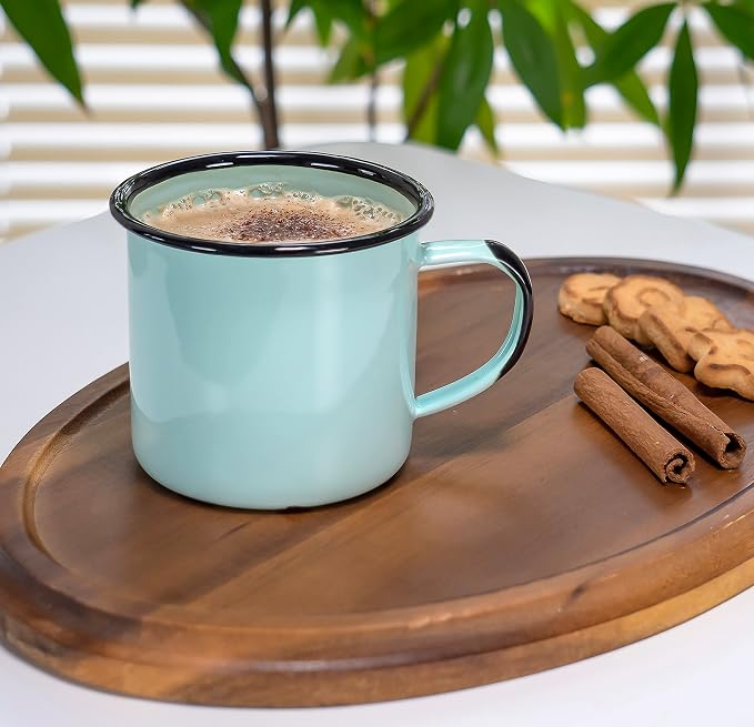 Red Co. Set of 6 Enamelware Metal Medium Classic 12 Oz Round Coffee and Tea Mug with Handle, Distressed Aqua/Black Rim