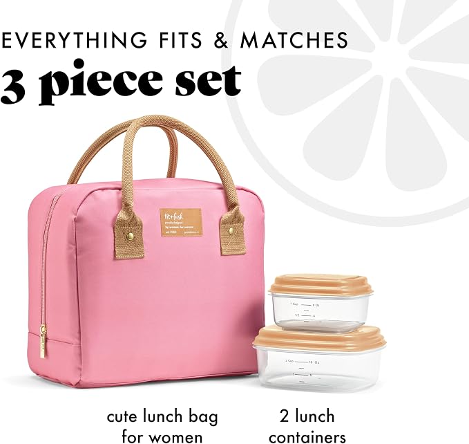 Fit & Fresh Bloomington Lunch Bag for Women - Insulated Large Lunch Box for Work with Containers, Leak-Resistant, Stain-Resistant, Zipper Closure, Dusty Rose