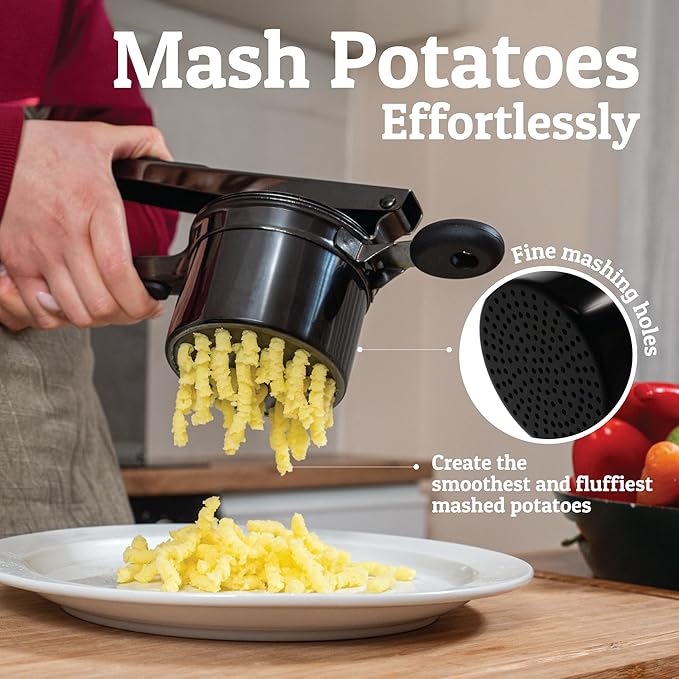 PriorityChef Large 15oz Potato Ricer With 3 Discs, Heavy Duty Stainless Steel Potato Ricer for Mashed Potatoes, Potato Masher, Press and Ricer Kitchen Tool, All Black