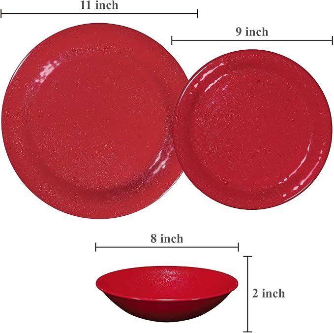 UPware 12 Piece Twinkle Dust Melamine Dinnerware Sets, Outdoor Dishes Set, Plates and Bowls Sets, Christmas Decorations, Service for 4, Red
