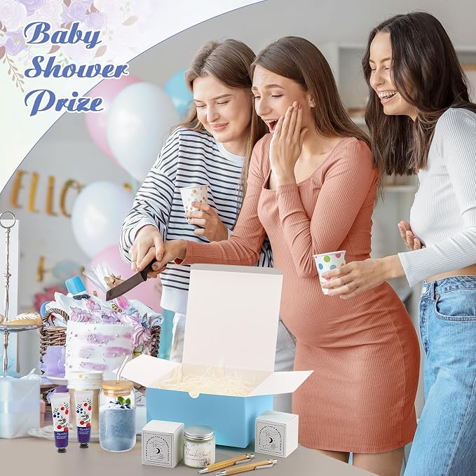 Reallnaive 6 Sets Baby Shower Prizes for Game Winners, Baby Shower Favors Including Glass Cup Scented Candles Hand Cream Pens Gift Box with Raffia for Gender Reveal Wedding Bridal Party Prizes(Blue)
