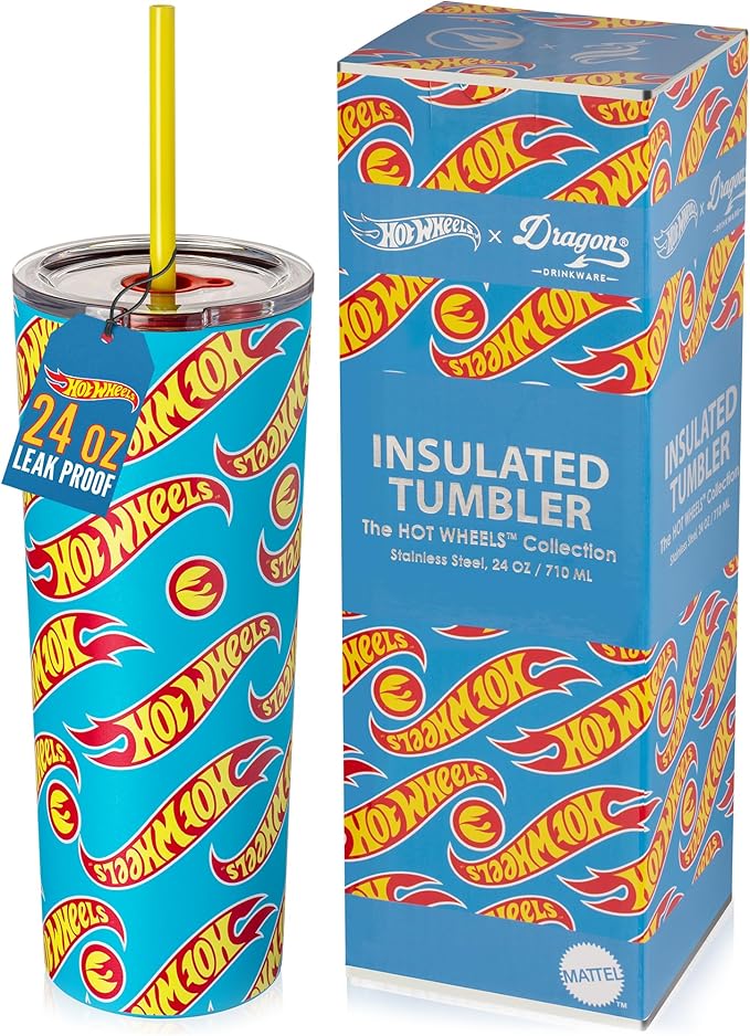 Dragon Glassware x Hot Wheels Tumbler with Straw, 24 oz - Race Team | Vacuum Insulated Stainless Steel Tumbler with Straw & Lid; Double Walled Tumbler with Straw; Hot Wheels Cup with Lid