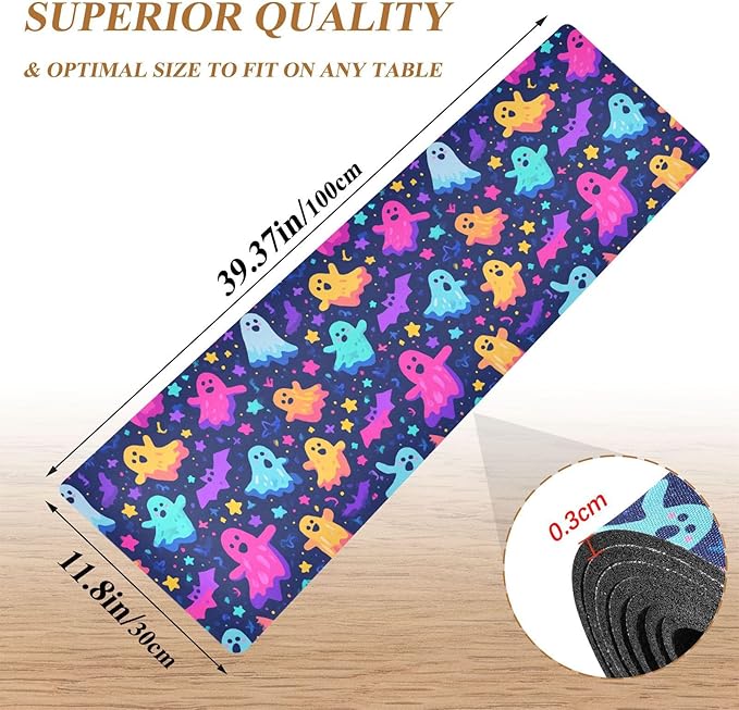 2 in 1 Table Runner Trivet for Hot Pots and Pans Heat Resistant Non Slip Waterproof 39 x 12 Inch Decorative Table Protector for Kitchen Countertop Neon Halloween Ghosts Stars Bats
