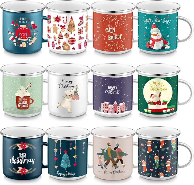 Sliner 12 Pcs Christmas Enamel Mugs, 12 oz Coffee Mugs Bulk Hot Chocolate Mug Set Cute Enamel Tea Cups Winter Holiday Christmas Employee Gift for Family Coworkers (Festive Celebration)