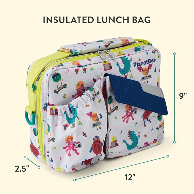 PlanetBox Rover Stainless Steel Bento Box Style Lunch Box Kit for Youth with 5 Compartments – Monster Beats Edition includes Insulated Lunch Bag, Leakproof Food Containers & Matching Magnets