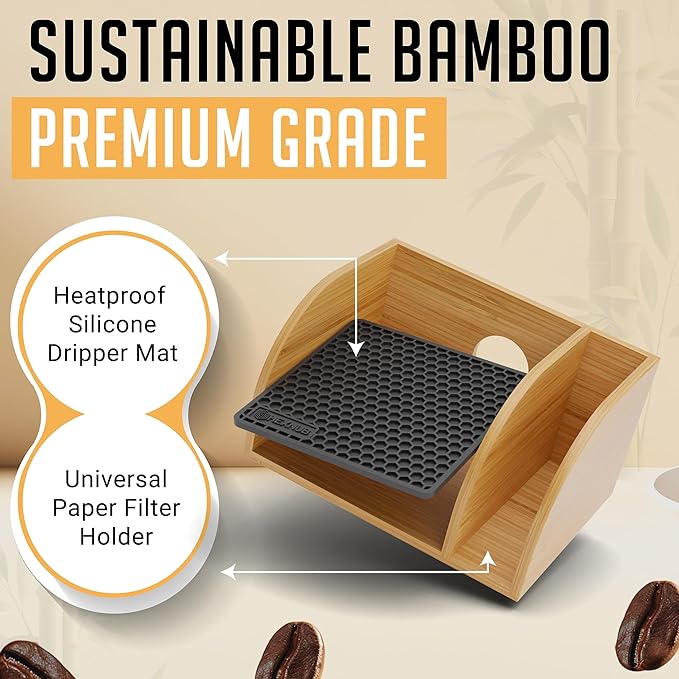 HEXNUB Caddy and Lid for Pour Over Coffee Maker, Bamboo Stand fits Chemex, Bodum, Cosori Coffee Carafes, Heatproof Mat, Filter Holder - Black Mat