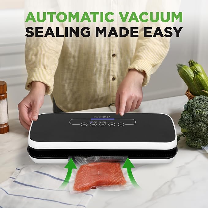 NutriChef Vacuum Sealer Machine for Food – Automatic Food Sealer with Dry & Moist Modes, LED Controls, Starter Kit with Bags, Roll, Hose & Wine Stopper, Compact (Black)