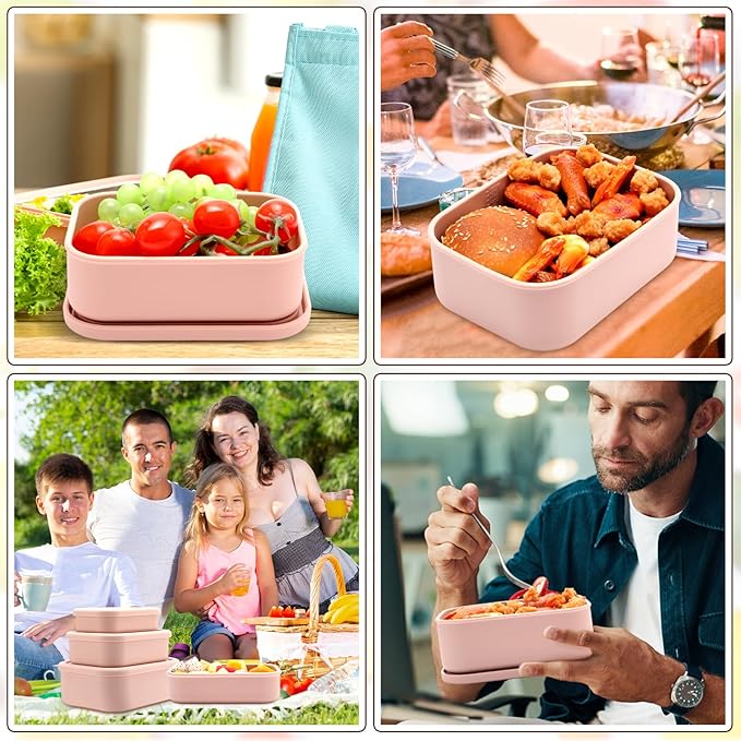 Blushtier 2 Sets of 6 Silicone Food Storage Containers with Lid Silicone Bento Box Rectangular Lunch Box Hard Shell Containers Microwave Dishwasher Freezer Safe, 10 oz, 23.6 oz, 44 Ounce(Pink)
