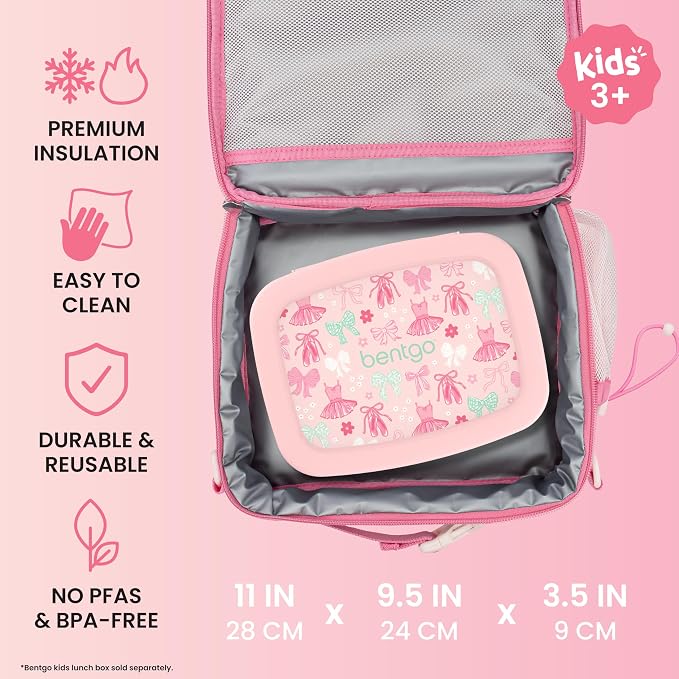 Bentgo Kids Prints Lunch Bag - Double-Insulated, Reusable, for Kids 3+, Adjustable Strap; Holds Lunch Box/Water Bottle/Snacks; Easy-Clean, Water-Resistant, Pockets (NEW Ballet & Bows)