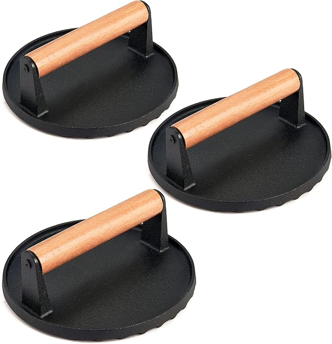 3Pcs Grill Press, Leonyo 7 Inch Round Cast Iron Burger Press, Heavy Duty Smash Burger Kit for Griddle Grill, Hamburger, Meat, Steak, Patty, Panini, Barbecue, Nonstick Pan