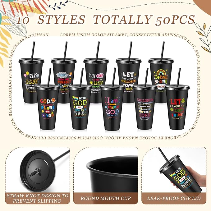 Uiifan 30 Pcs VBS Christian Cups Bulk for Kids, Religious Plastic Tumblers with Bible Verses, Sunday School and Church Gifts, Reusable Cups with Lids and Straws (Black)