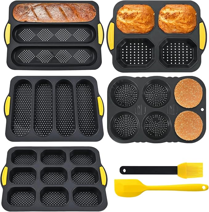 Hamburger Bun Pans for Baking Set of 7-4/6/9 Cup French Bun Mold 3/6 Cup Nonstick Baguette Bread Pan with Brush, Spatula,Non Stick Perforated Baking Pans, Dishwasher Microwave Safe