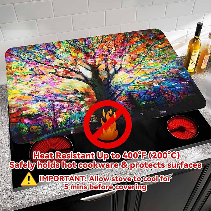 Decorative Stove Top Covers for Electric Stove 28"x20" – Heat Resistant Glass Cooktop Protector Dish Drying Mat – Non-Slip Rubber Backing Washer Top Cover Waterproof Extra Counter Space (Tree 2)