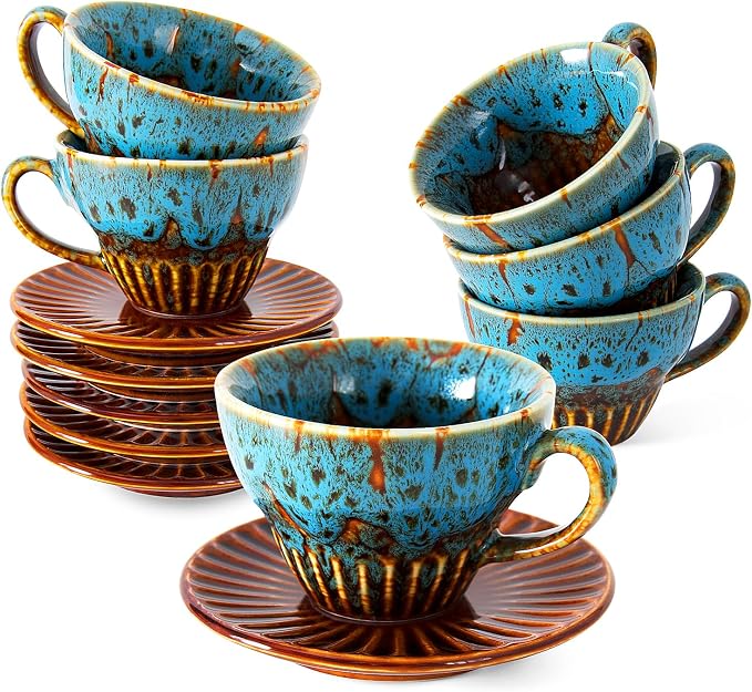 4 oz Espresso Cups Set of 6, Ceramic Cappuccino Cups with Saucers, Stackable Coffee Cup for Macchiato, Double shot, Tea, Coffee Lover Gifts, Glazed Blue