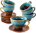 4 oz Espresso Cups Set of 6, Ceramic Cappuccino Cups with Saucers, Stackable Coffee Cup for Macchiato, Double shot, Tea, Coffee Lover Gifts, Glazed Blue