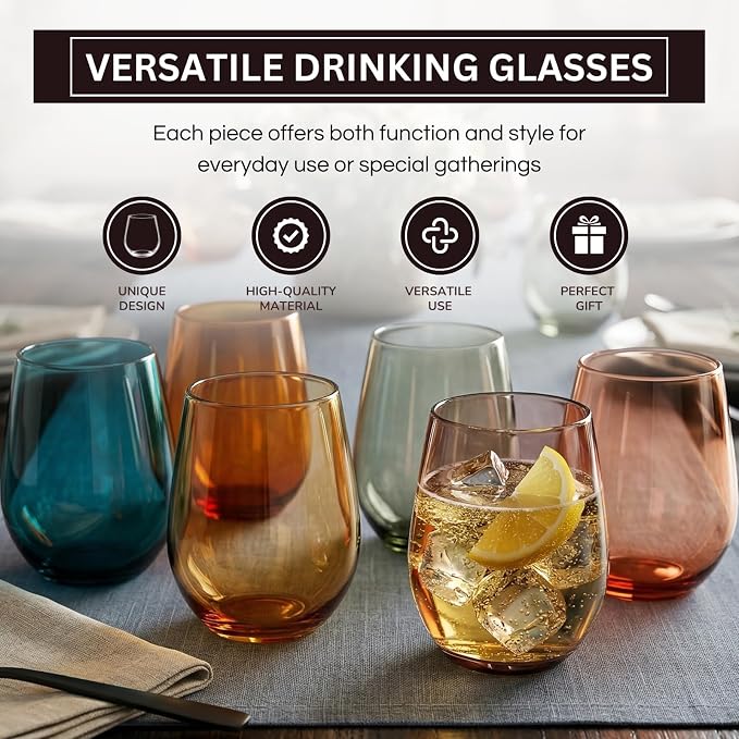 Khen European Style Shatterproof Tritan Stemless Wine Glasses, Acrylic Glass Drinkware, Unbreakable Colored, 6 - Set - BPA-free plastic, Reusable, Dishwasher Safe, All Purpose Glassware 15oz - (Muted)