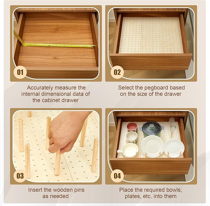Kigley 3 Pcs Wood Pegboard Drawer Organizer with 32 Pegs Wooden Peg Board Drawer Shelf Organizer Adjustable Peg System for Dishes Plate Pot Container Cookware Utensil Kitchen(17 x 5.91 in)