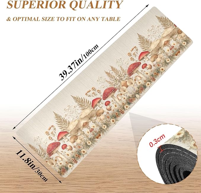 2 in 1 Table Runner Trivet for Hot Pots and Pans Heat Resistant Non Slip Waterproof 39 x 12 Inch Decorative Table Protector for Kitchen Countertop Watercolor Forestm Mushroom Beige