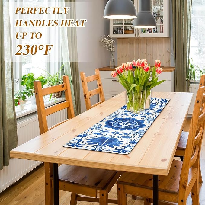 2-in-1 Table Runner Trivet for Hot Dishes Heat Resistant Hot Plate Mat Pad 39x12 Inch Waterproof Table Protector Trivets for Countertop Non Slip Decorative Floral Blue and White Tile