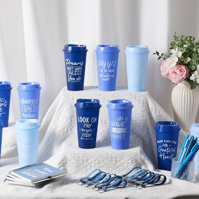Skylety 12 Sets/48 Pcs Employee Appreciation Gift Baskets Bulk 16oz Inspirational Coffee Cup with Spiral Notebook, Pen & Keychain, Thank You Gifts for Staff, Teacher,Coworker, Team (Gradient Blue)