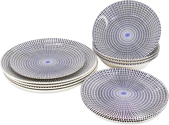 Tudor Royal Collection 12-Piece Round Dinnerware Set, Service for 4, Singapore Design, Blue Spiral, Plates Bowls Dishes, High-Gloss Premium Quality