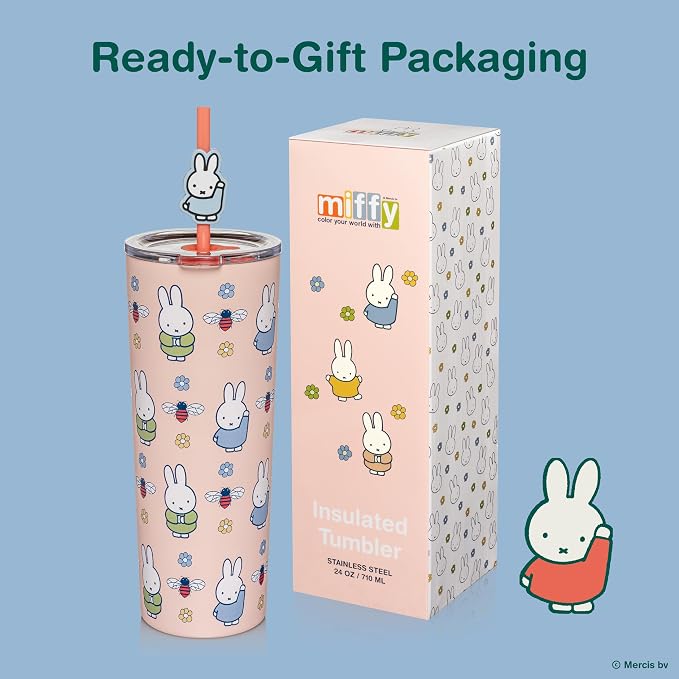 Dragon Glassware | Miffy Stainless Steel Tumbler with Straw, 24 oz - Pink | Vacuum Insulated Stainless Steel Tumbler with Straw & Lid; Double Walled Tumbler with Straw Charm; Miffy Cup with Lid