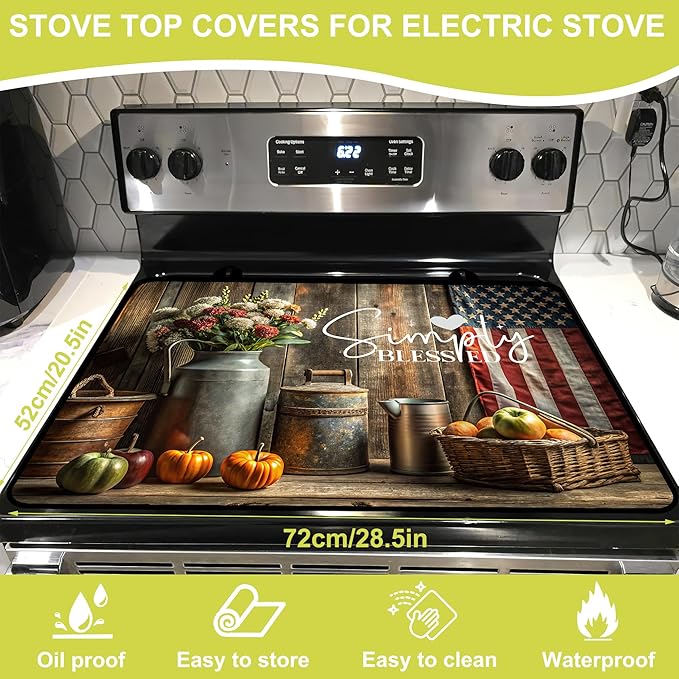 Glass Stove top Cover 28"x 20", Stove Top Covers for Electric Stove, Flat Range Mat for Glass Cooktop, Kitchen Heat-Resistant Protector Non-Slip Drying Mat (Simply Blessed Rustic Items)