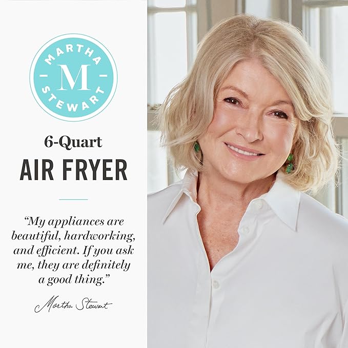 Martha Stewart 6QT Air Fryer, 6-in-1, Bake, Broil, Roast, Air Fry, Dehydrate, Reheat, Ceramic Non-Stick Basket, Crispy Results Fast, 400°F Max Temp, Shake Reminder, Auto Shut-Off, Caviar Gray