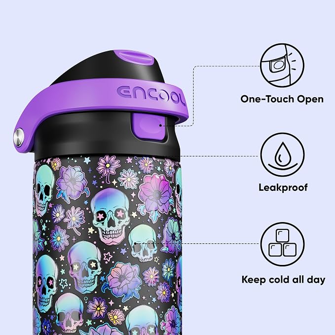 Encool SwiftSip Insulated Stainless Steel Water Bottle with Straw - Leak Proof Sports Water Bottle for School, Travel, Keeps Cold All Day, One-Touch Flip Lid, BPA-Free, 24 oz, Floral Afterlife
