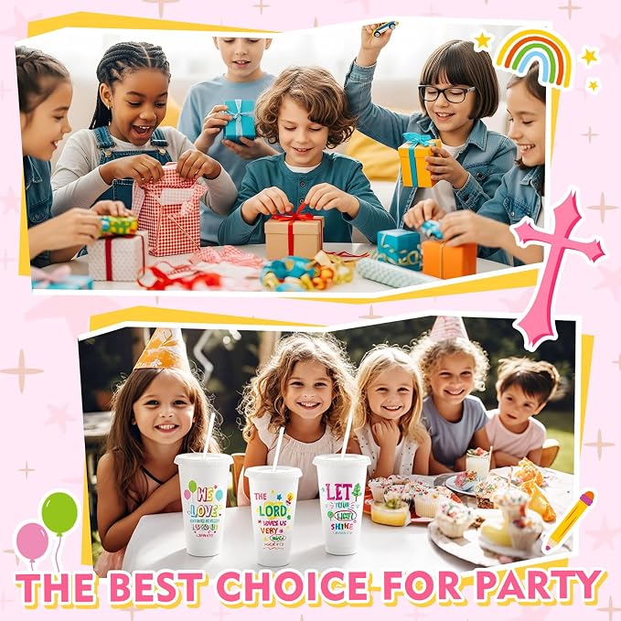 Uiifan 50 Pcs VBS Christian Tumblers with Straws for Kids, Bible Verse Cups for VBS, Sunday School, Church Party Favors and Faith Gifts, Reusable Plastic Tumblers with Lids, 24 oz, White