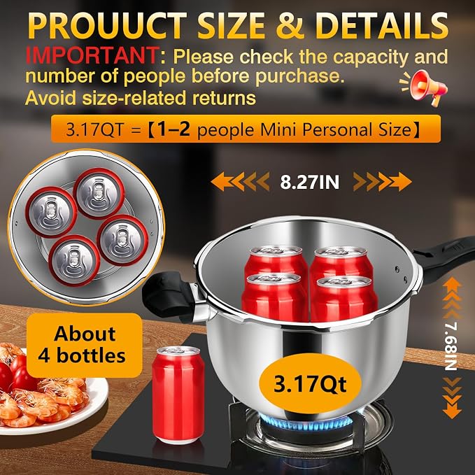 3 Quart Premium Stainless Steel Pressure Cooker | Food-Grade MINI Stainless Steel, Induction Compatible, Safe & Durable Small Pressure Cooker for 2-3 People