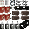 Set 4 Groomsmen Proposal Gifts - Groomsmen Gift Box with Leather Bag，Tuxedo Flask, Funnel，Shot Glasse，Poker Card Bottle Openers, Sunglasses, Pen，Bracelet, Card & Gift Bags for Wedding Party （Brown）