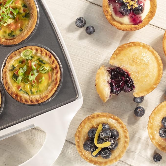 Mini Pie & Quiche Maker, Electric Baker Cooks 6 Small Quiches or Pies | Includes Dough Cutting Circle for Easy Measurement- Better than Tin Pan- Baking Dessert Gift for Her, Summer Brunch Must Have