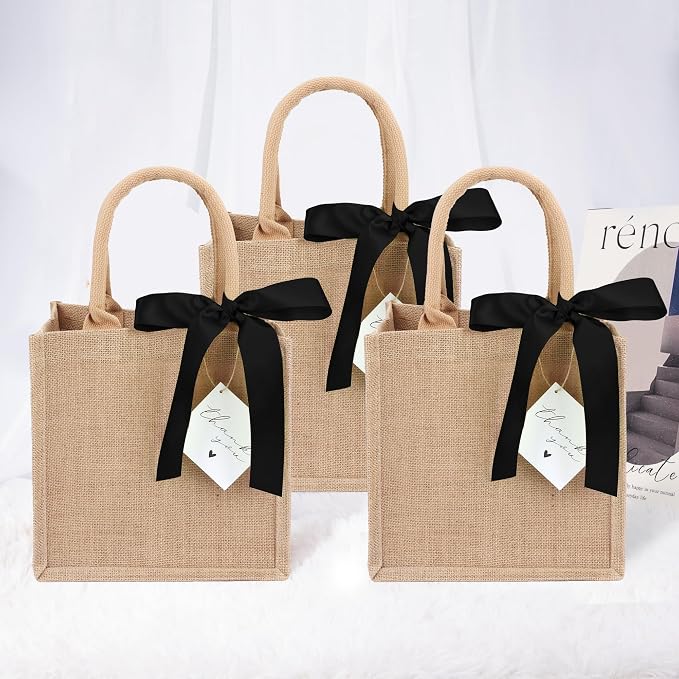 6 Pack Burlap Tote Bags with Handles Reusable Small Jute Gift Bags with Black Silk Ribbons Waterproof Lining for Wedding Bridesmaid Mother's Day Bachelorette Beach Party