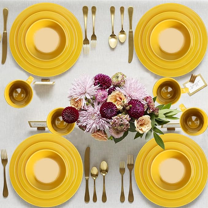 Plates and Bowls Sets, 16 Pieces Dinnerware Sets, Dishes Set for 4, Christmas, Kitchen Set is Home Essentials, Yellow