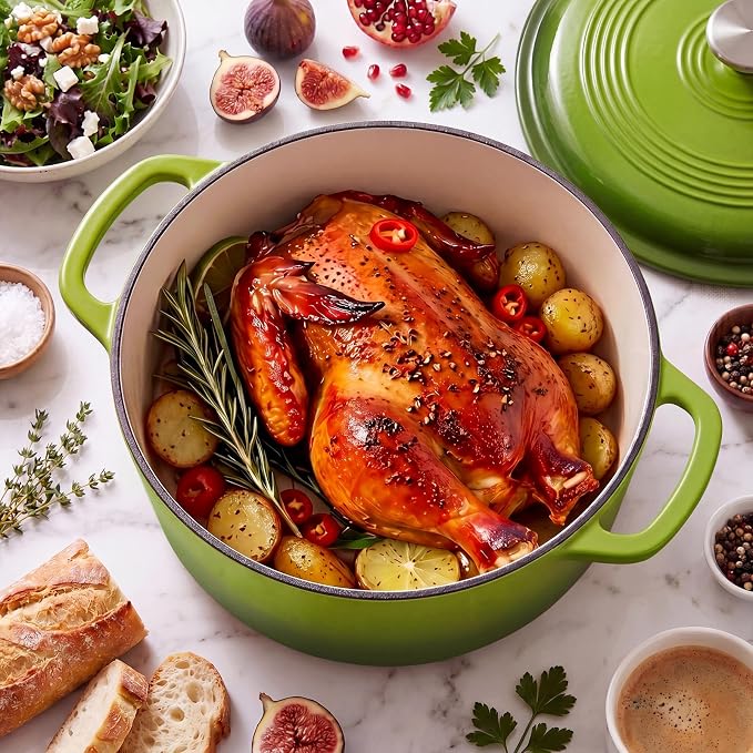 DUMOS Cast Iron Dutch Oven, 6 Quart Pot with Lid, Enameled Heavy Duty Cookware, Oven Safe to 500°F, Perfect for Bread Baking, Stews and Roasting, Moisture Sealing Lid with Dual Handles, Green
