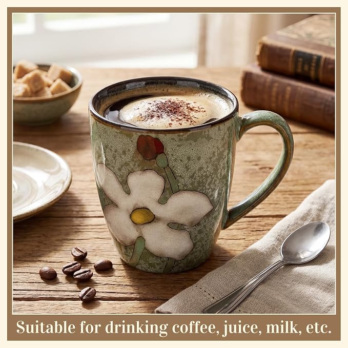 Maxdot 1 Pcs 12oz Ceramic Coffee Mugs Sets Glazing Process Cappuccino Mug Floral Ceramic Tea Cups Idea Gift Set for Women Porcelain Cup for Coffee, Cocoa, Tea, Latte (Retro) (Fresh)