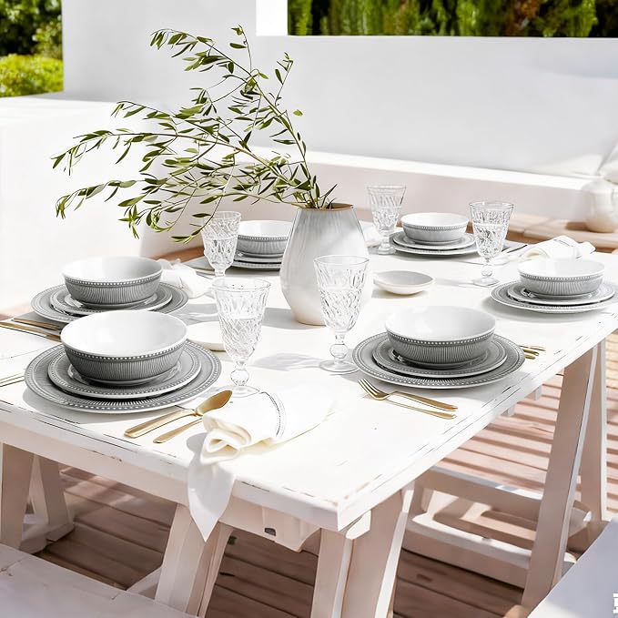 AELS Melamine Dinnerware Set of 18 Pcs, Dinner Dishes Set for Indoor and Outdoor Use, Melamine Plates and Bowls Set for 6, Dishwasher Safe, Lightweight Unbreakable, BPA Free, Gray